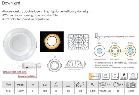 100lm/w 3-Step 2700K-6500K Iluminación interior Muare Recesseini Pista de lavadora de paredes Spotlight Led Downlight Techo Recesado Cob Down Light