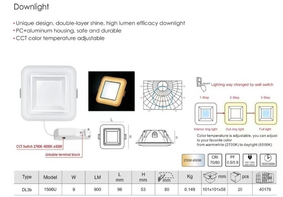 100lm/w 3-Step 2700K-6500K Iluminación interior Muare Recesseini Pista de lavadora de paredes Spotlight Led Downlight Techo Recesado Cob Down Light