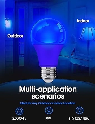 Bulbo de LED azul A19 9W E26 sin oscurecimiento para iluminación exterior de Navidad y diseño de circuitos