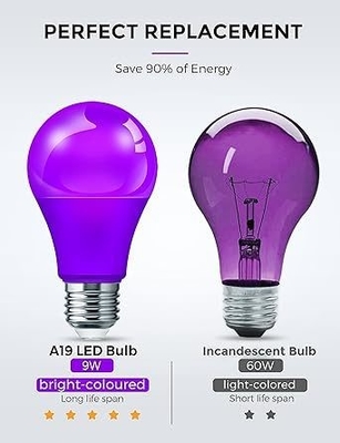 15000 Horas de trabajo durante toda la vida Violeta bombilla LED A19 9W para decoración del hogar y de las fiestas